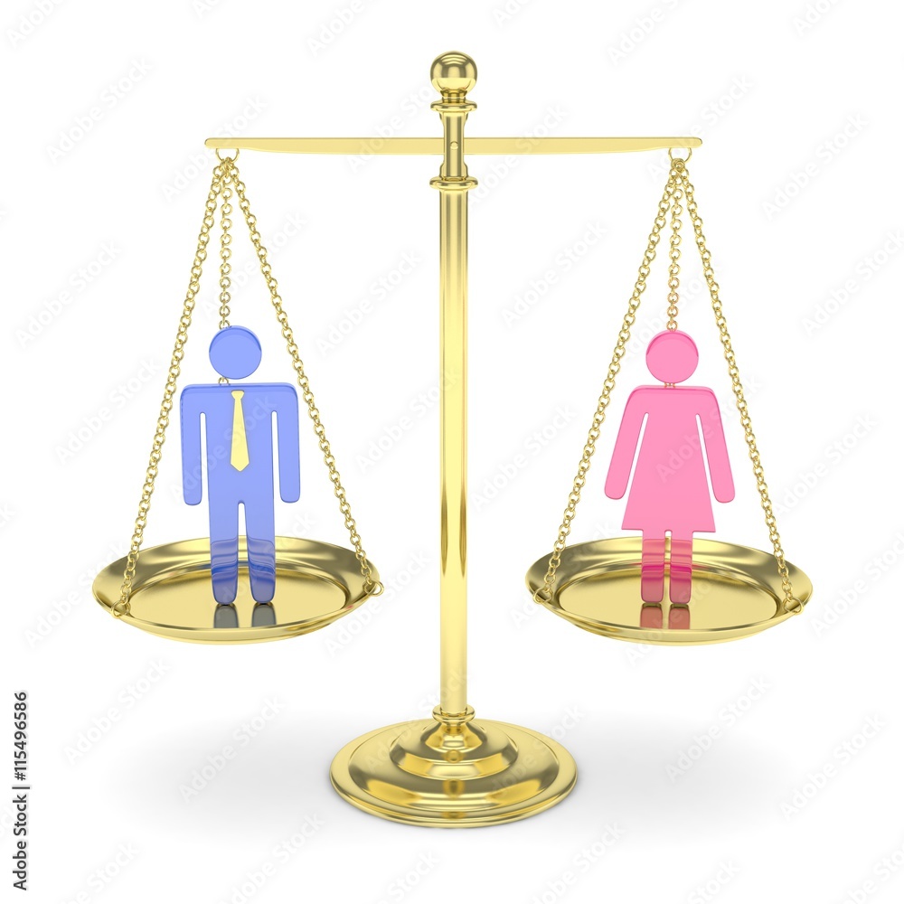 Isolated old fashioned golden pan scale with man and woman on white background. Gender inequality. Equality of sexes. Law issues. Colorful model. 3D rendering. Isolated old fashioned golden pan scale with man and woman on white background. Gender inequality. Equality of sexes. Law issues. Colorful model. 3D rendering.