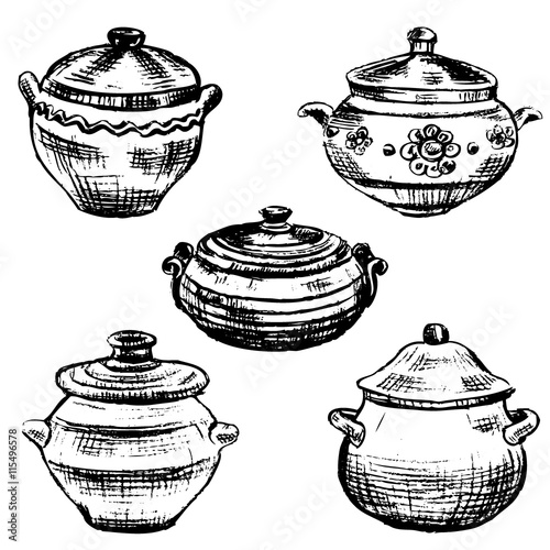 Vintage pots, Hand drawn doodle vector illustrations, Sketches labels isolated on white background for package design, scrapbook, card, kitchen restaurant menu, store natural and organic products