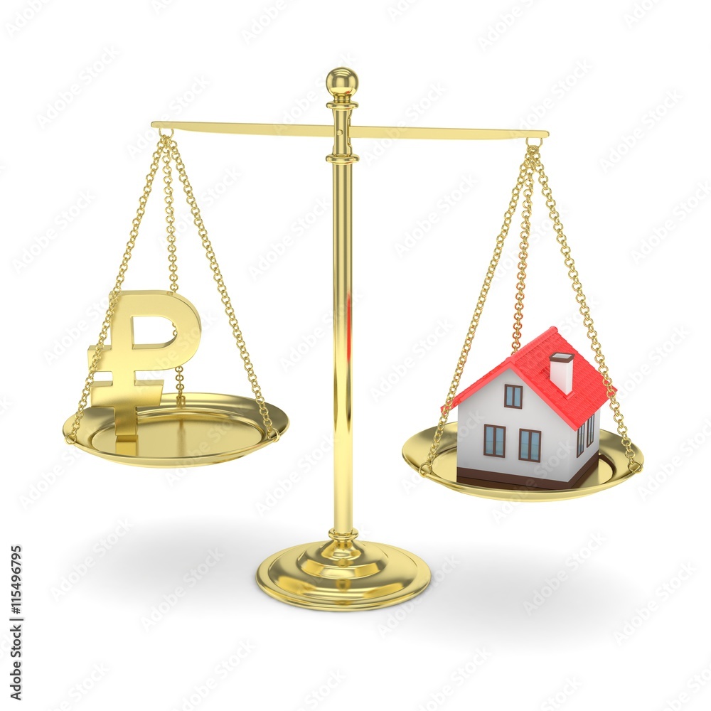 Isolated golden scales with golden rouble and house on white background. Investment or savings concept. Real estate and currency. 3D rendering. Isolated golden scales with golden rouble and house on white background. Investment or savings concept. Real estate and currency. 3D rendering.