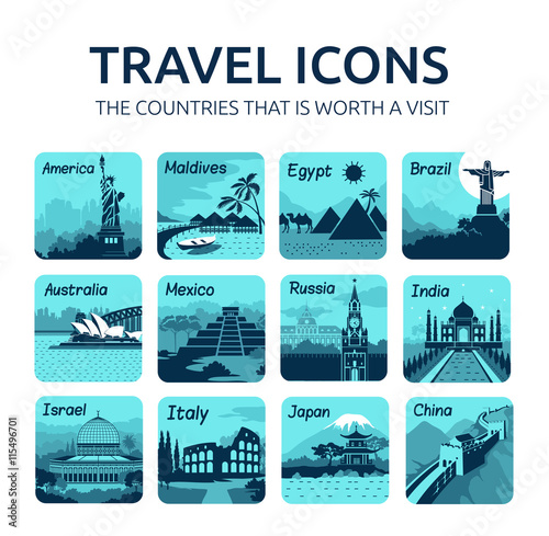 Set of flat travel icons with different countries.