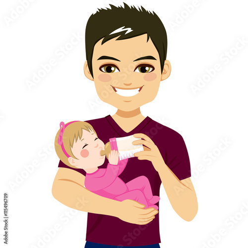 Young father happy feeding cute little baby daughter with milk bottle