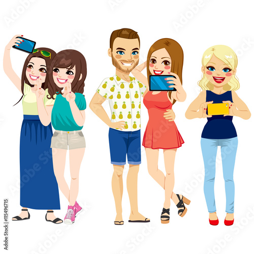Set of young people taking selfie portrait with smartphone
