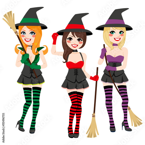 Beautiful young witches set collection holding broom