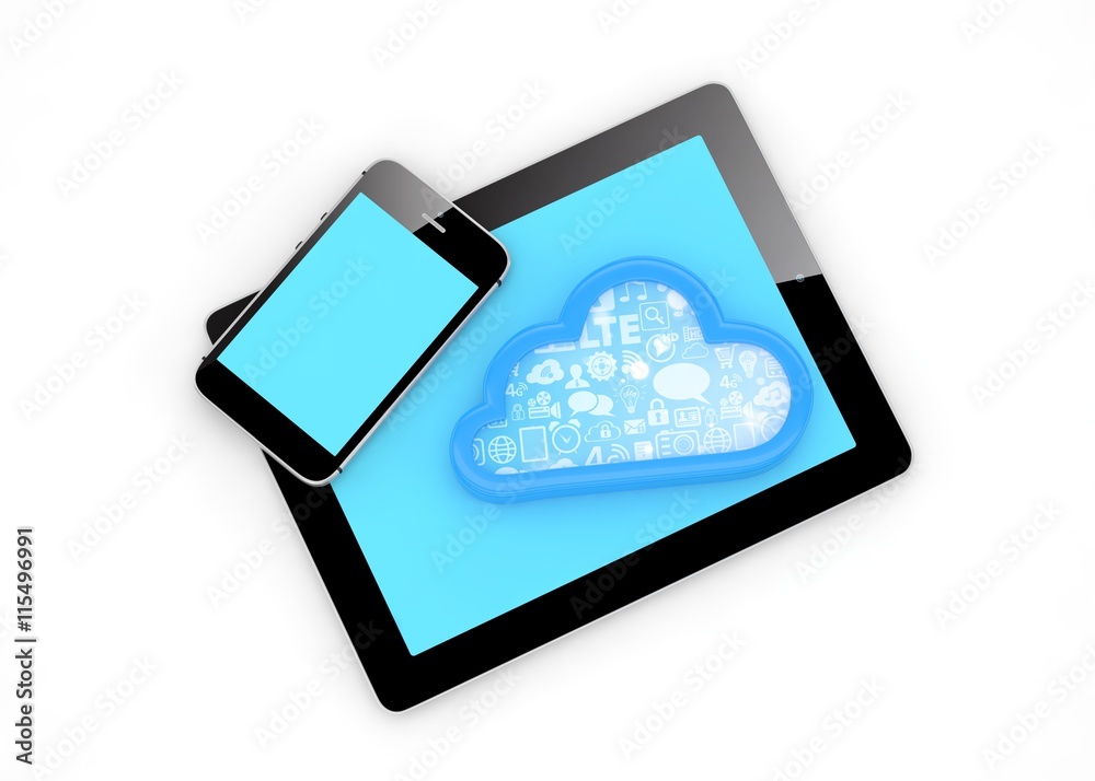 tablet pc, smart phone and cloud. 3d rendering. tablet pc, smart phone and cloud. 3d rendering.