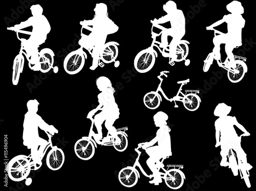 group of white bicyclists isolated on black background