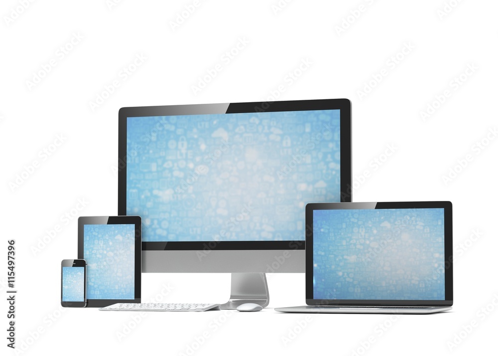 Ultimate web design, laptop, smartphone, tablet, computer, display. 3d rendering. Ultimate web design, laptop, smartphone, tablet, computer, display. 3d rendering.