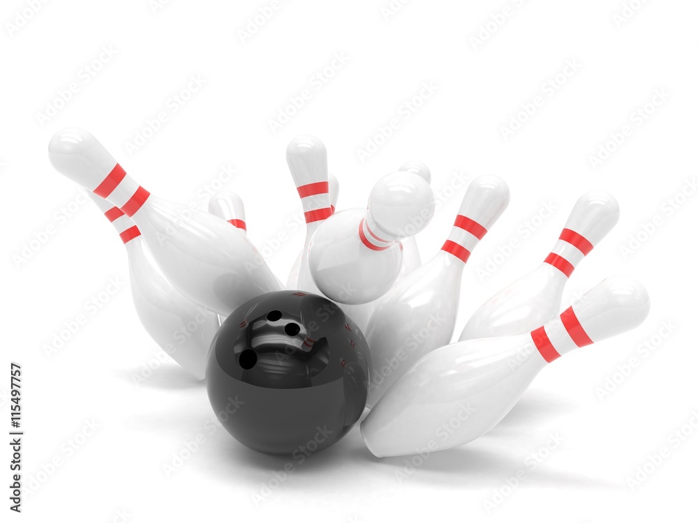Bowling ball and skittles isolated. 3d rendering. Bowling ball and skittles isolated. 3d rendering.
