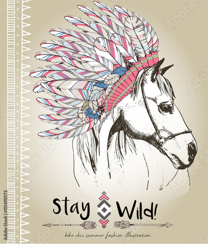 Vector fashion boho chick style horse with flower, feather wreath and arrow. Traditional bohemian decoration. Use for poster, party, fashion, events, promotion, shop, store, design.
