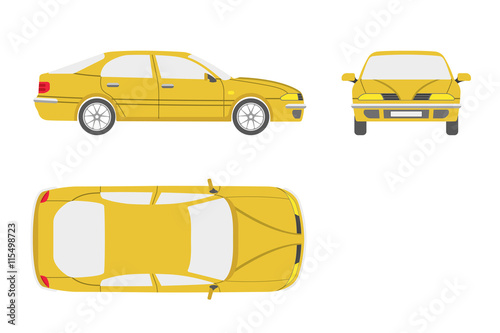 Yellow car on a white background . Three views : front, side , t