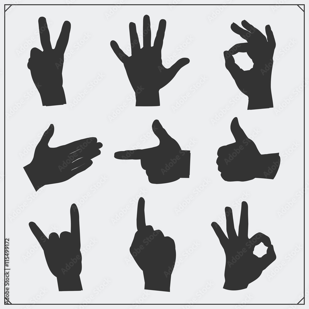 Set of silhouettes of people hands. Different gestures. Vector illustration. Set of silhouettes of people hands. Different gestures. Vector illustration.