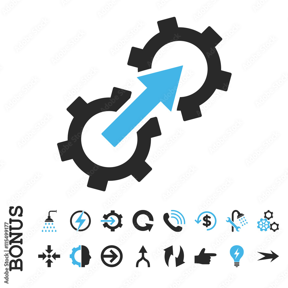 Gear Integration vector bicolor icon. Image style is a flat iconic symbol, blue and gray colors, white background.