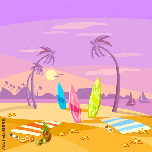 Summer holiday sunset beach scene vector cartoon