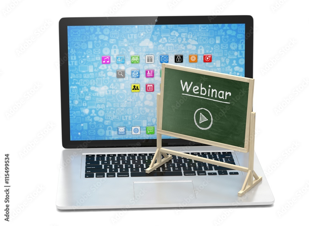 Laptop with chalkboard, webinar, online education concept. 3d rendering. Laptop with chalkboard, webinar, online education concept. 3d rendering.
