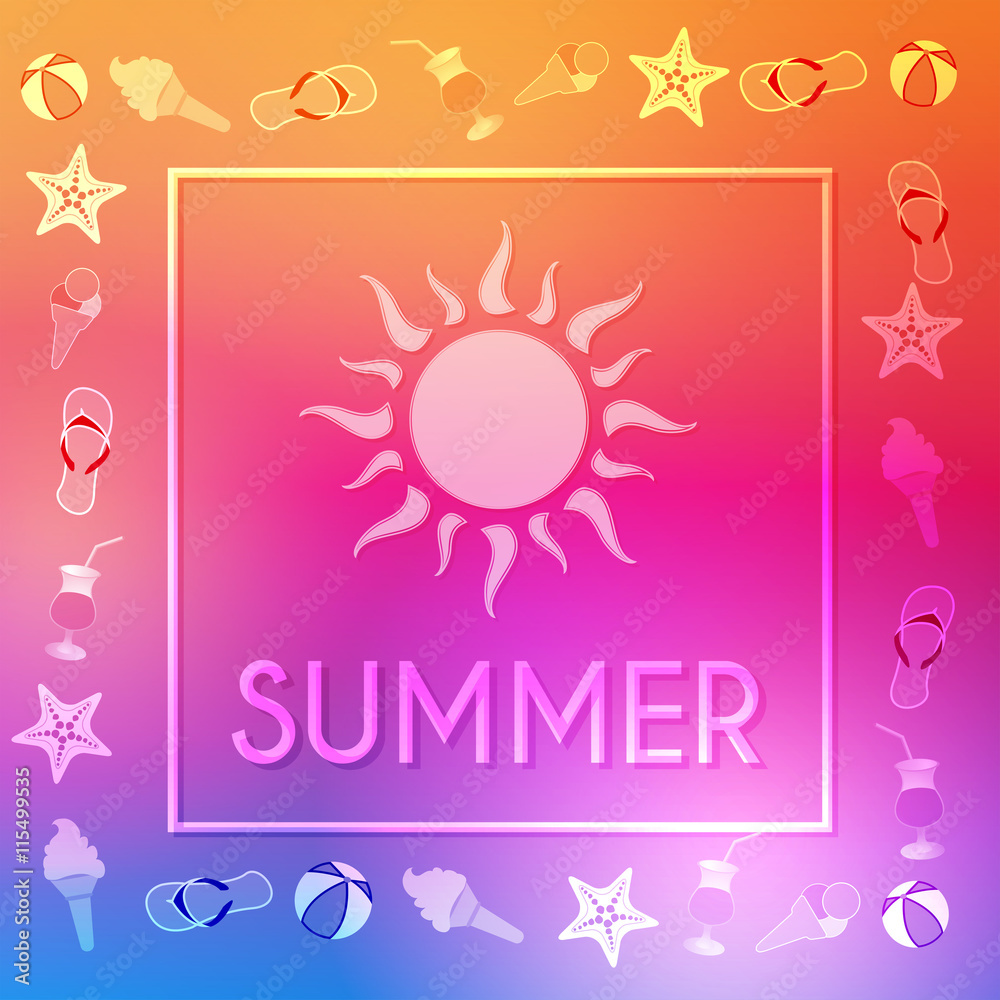 summer with sun and summery symbols in frame, vector summer with sun and summery symbols in frame, vector