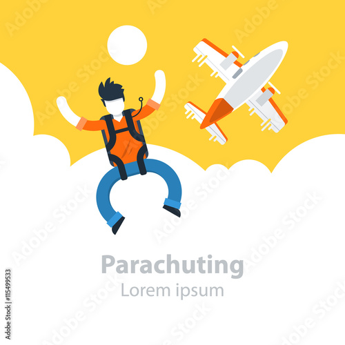 Skydiving extreme sport, parachutist jumped off the plane, airplane high in the sky, free falling man
