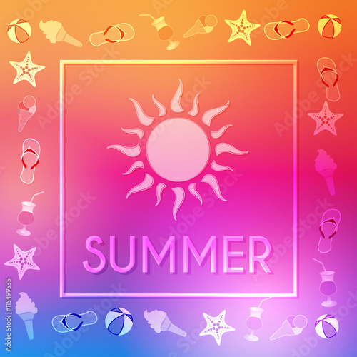 summer with sun and summery symbols in frame, vector