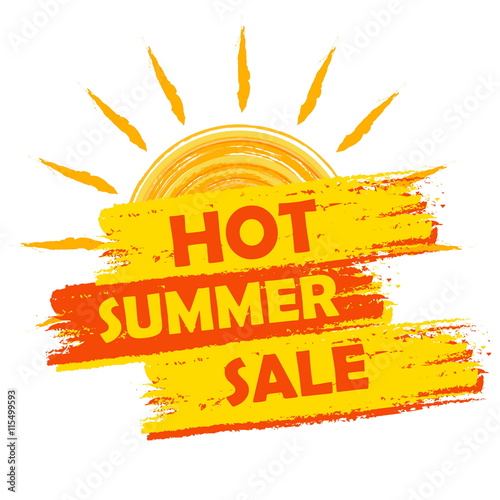 hot summer sale with sun sign, yellow and orange drawn label, ve