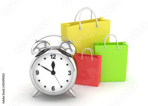 alarm clock and shopping bag (time to buy concept). 3d rendering.