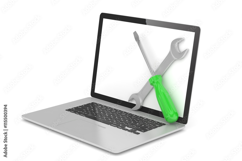 3D Illustration Wrench and screwdriver on laptop, service concept 3D Illustration Wrench and screwdriver on laptop, service concept