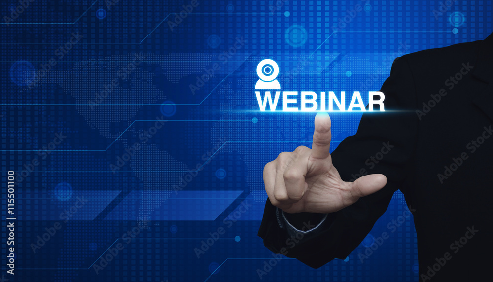 Businessman pressing webinar button over digital world map blue Businessman pressing webinar button over digital world map blue