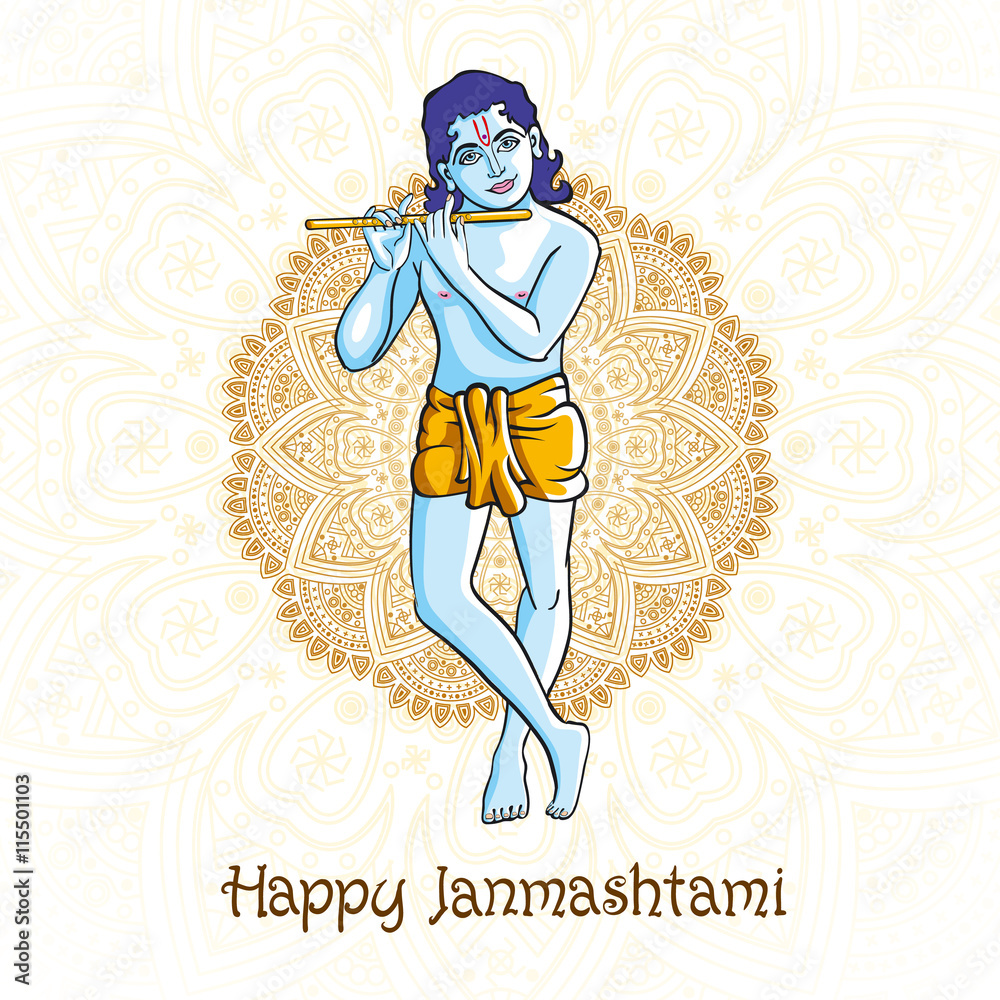 cartoon Krishna with a flute. Greeting card for Krishna birthday. Vector  illustration isolated on a white background. Indian mandala background  Stock Vector | Adobe Stock