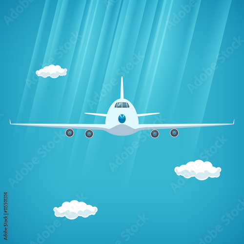 Plane in the Sky, Front View of Airplane, Aircraft Flying in the Sky among the Clouds and Sunlight, Vector Illustration