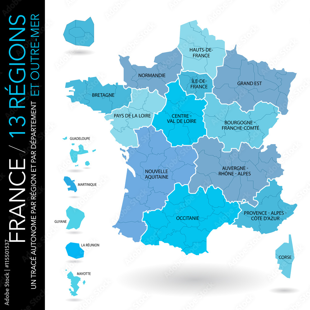 Carte de France / 13 régions et outre-mer avec départements (un tracé autonome par zone)