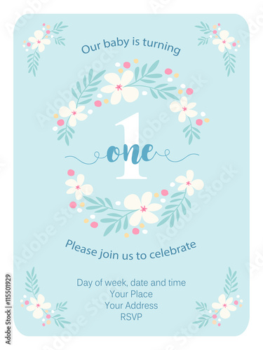 Cute rustic frame with hand drawn flowers for your decoration, ideal for baby first birthday invitation card, baby shower, baptism etc