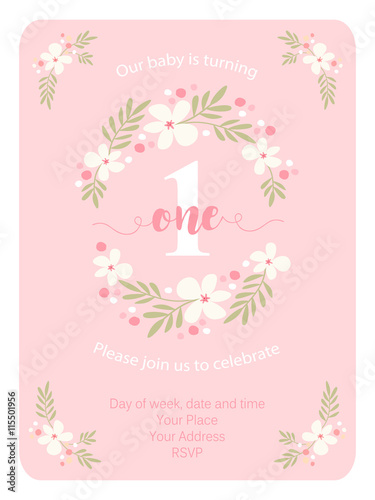 Cute rustic frame with hand drawn flowers for your decoration, ideal for baby first birthday invitation card, baby shower, baptism etc