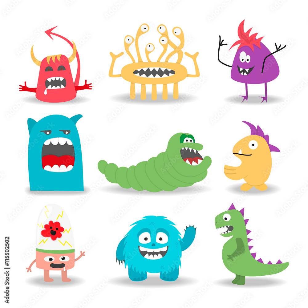 Obraz premium Set of nine cartoon cute monsters on white background.