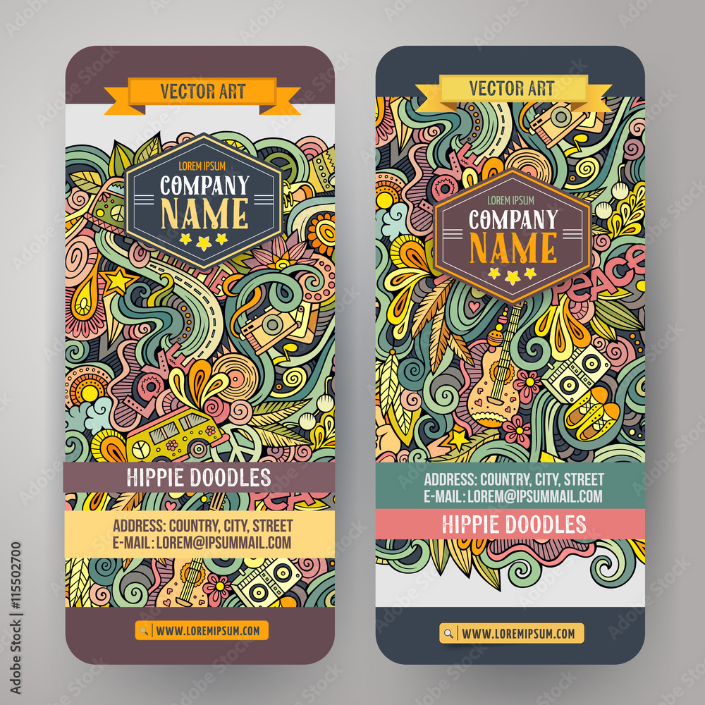 Obraz premium Cartoon vector doodles hippie banners