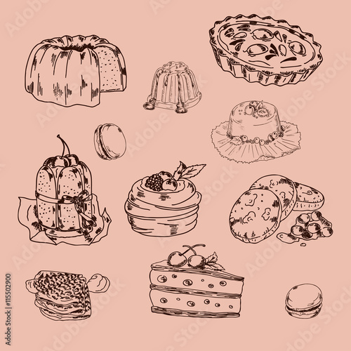 Set of bakery  desserts and breakfast elements on pastel color background. Hand drawn vector illustration.