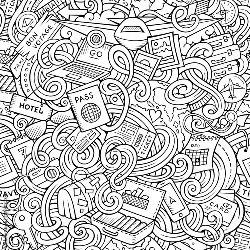 Cartoon doodles travel planning seamless pattern