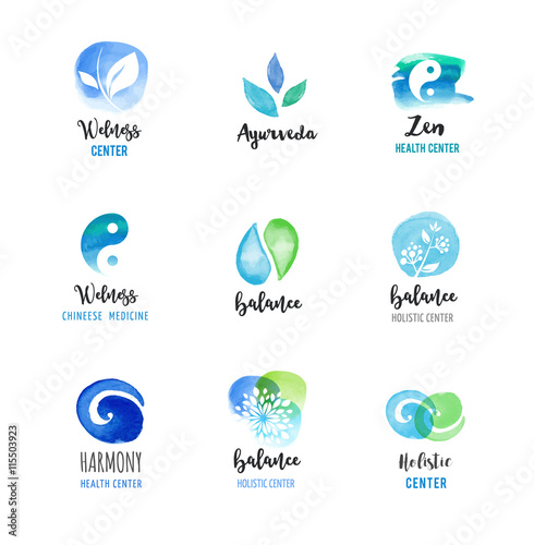 Alternative medicine and wellness, yoga, zen meditation concept - vector watercolor icons, logos
