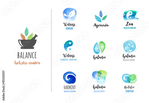 Alternative medicine and wellness, yoga, zen meditation concept - vector watercolor icons, logos