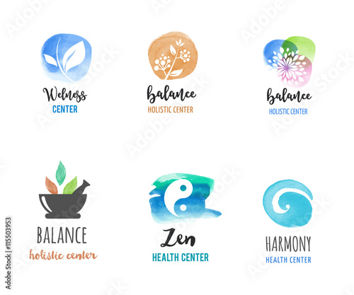 Alternative medicine and wellness, yoga, zen meditation concept - vector watercolor icons, logos