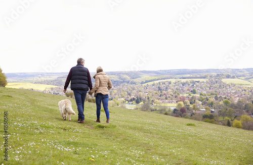 Rear View Of Mature Couple Taking Golden Retriever For Walk photo