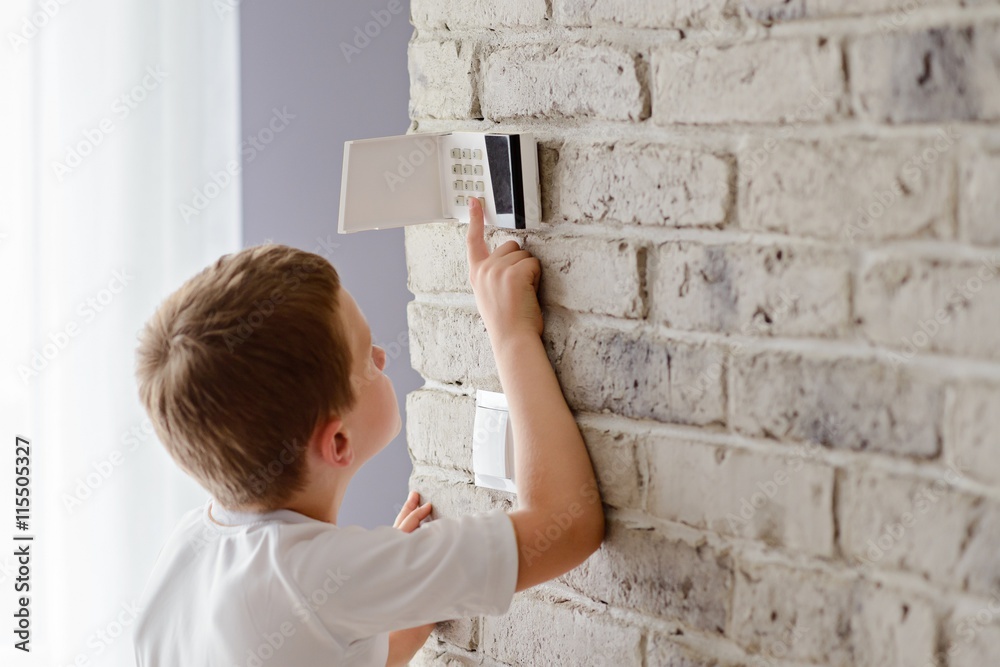 Little baby boy pushes a buttons on the alarm keypad