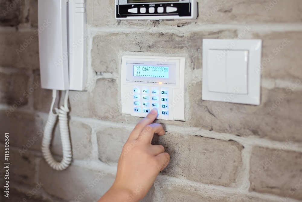 Little baby boy pushes a buttons on the alarm keypad
