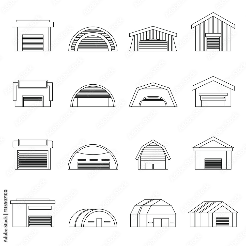 Hangar set in outline ctyle. Warehouse set collection vector illustration Hangar set in outline ctyle. Warehouse set collection vector illustration