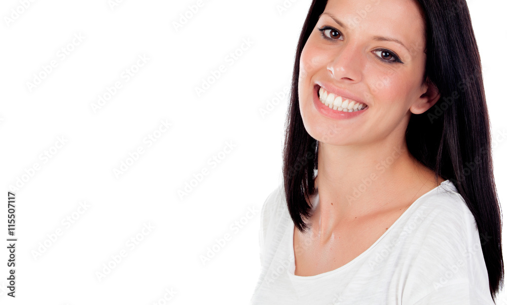 Relaxed brunette woman in the park showing her perfect smile Relaxed brunette woman in the park showing her perfect smile
