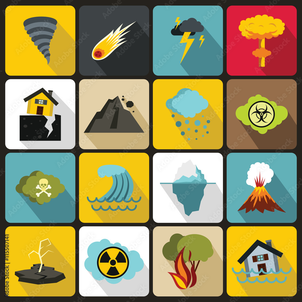 Natural disaster icons set in flat ctyle. Catastrophe and crisis set collection vector illustration