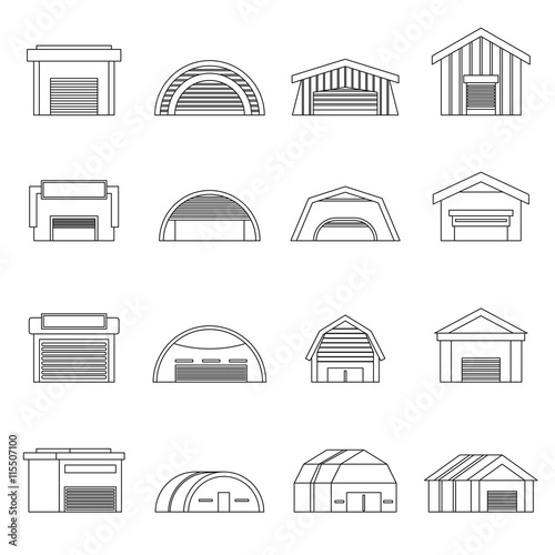 Hangar set in outline ctyle. Warehouse set collection vector illustration