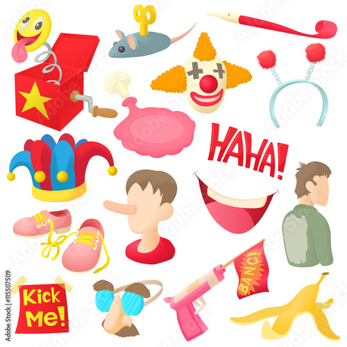April fools day icons set in cartoon ctyle. Prank playful actions set collection vector illustration