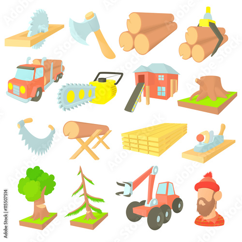Timber industry icons set in cartoon ctyle. Lumberjack equipment set collection vector illustration
