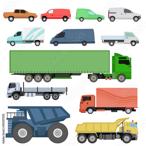 Trucks icons set vector shipping cars vehicles cargo transportation by road. Delivery vehicle car shipping trucks and rail car with forklifts. Flat style icons trailer lorry traffic illustration.