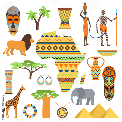 African symbols and travel safari icon, travel element set. Poster African symbols design african ethnic set. Travel art south icon Africa symbols and ancient animal travel vector design.