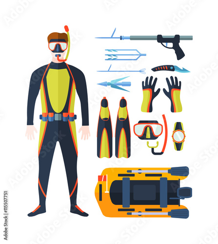 Set of equipment with flat yellow elements for diving and spearfishing in sea rivers and lakes. Spearfishing underwater sea diver equipment. Vector professional hunter spearfishing diving equipment.