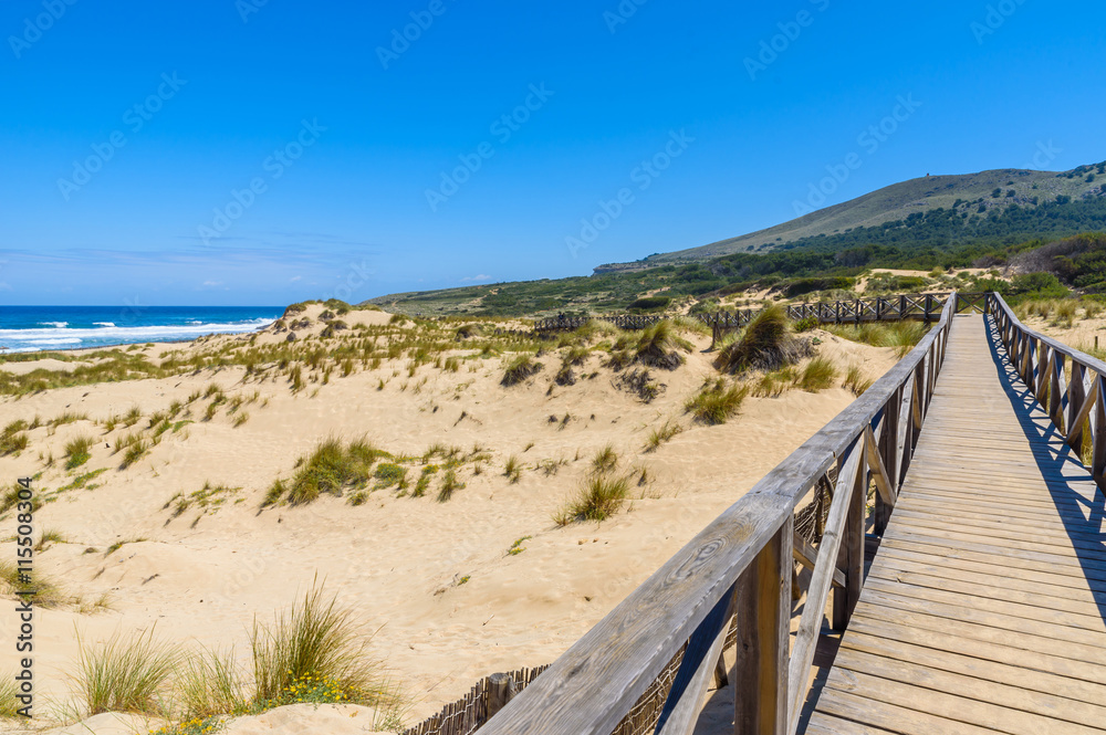 Foot bridge at Cala Mesquida - beautiful coast of island Mallorca, Spain