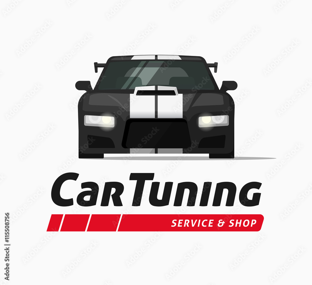 Car tuning shop poster vector banner, sticker symbol, sport auto service  centre badge, technology sign, performance parts label, autoservice station  ribbon, modern illustration design isolated logo vector de Stock
